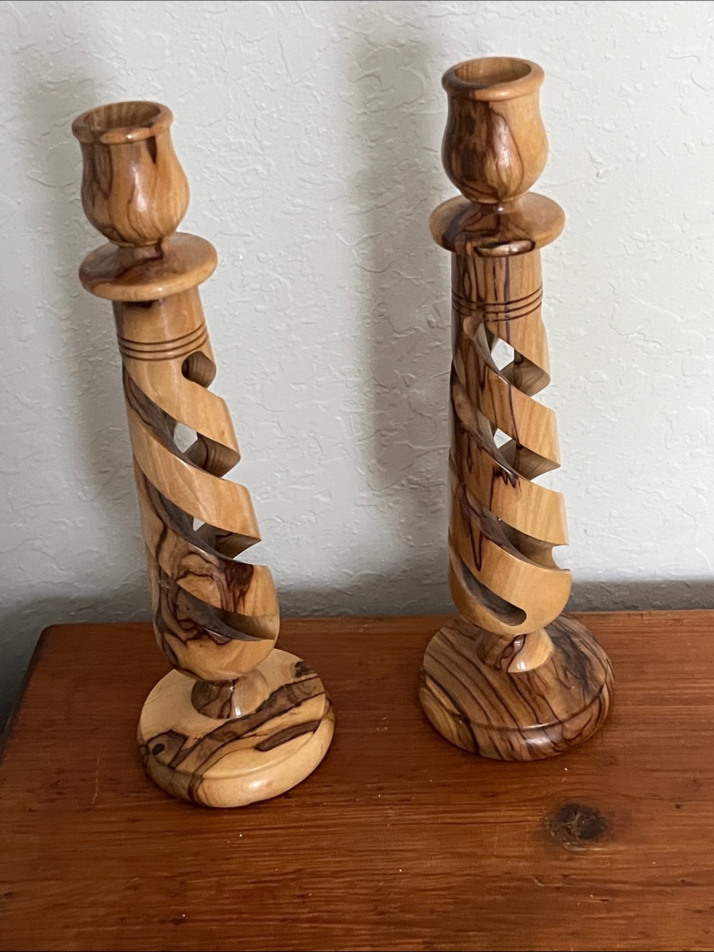 Vintage age Handcrafted Olive Wood Spiral Candle Holders - Natural Brown 10 in